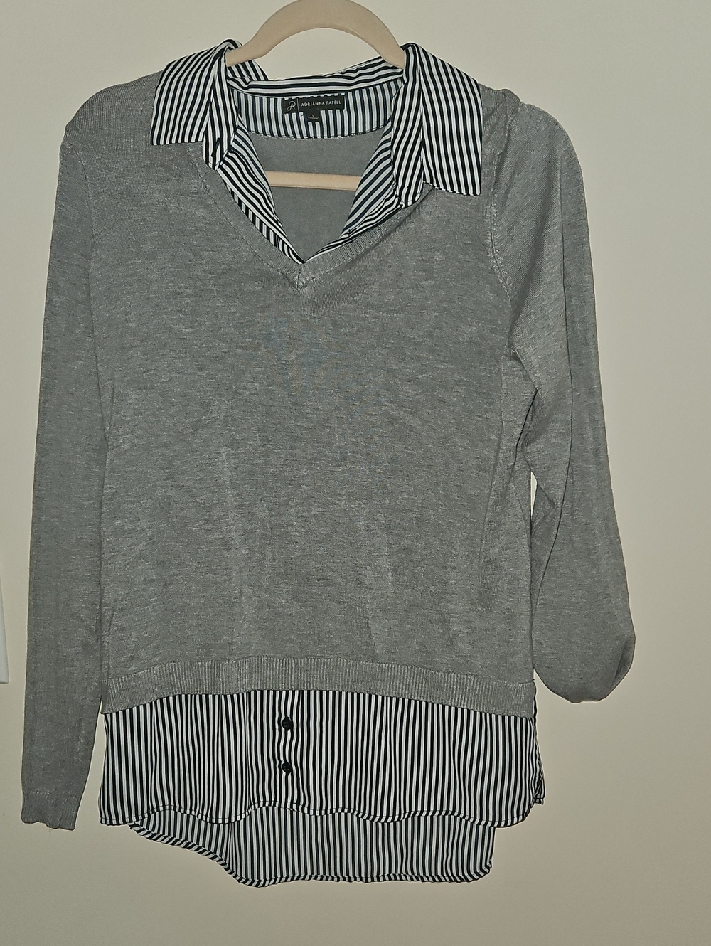 Gray Layered V-Neck Sweater with Stripe Shirt Detail